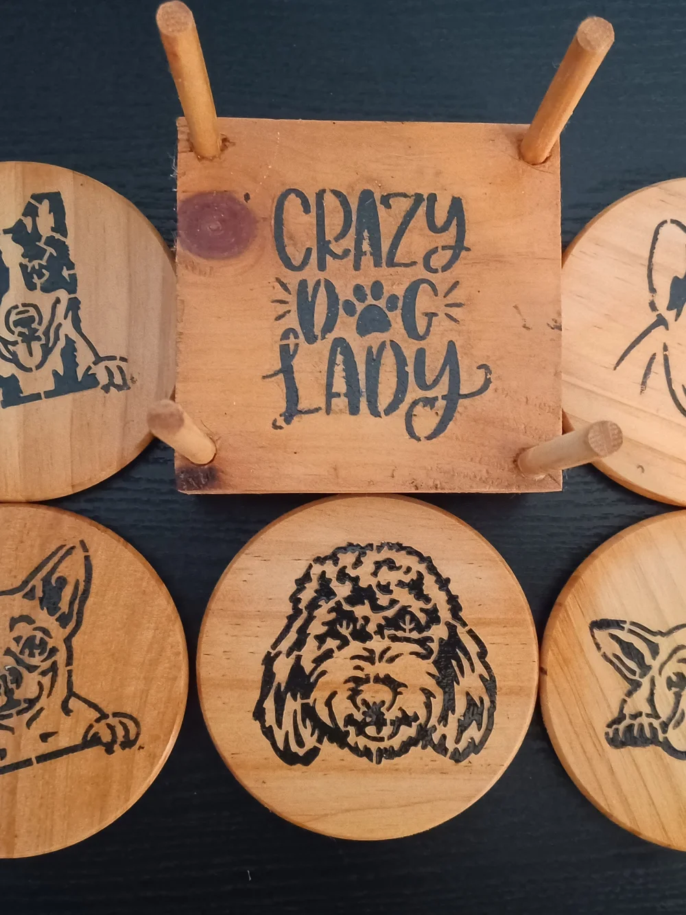 Wooden 'Crazy Dog Lady' Coaster Set - Natural Wood